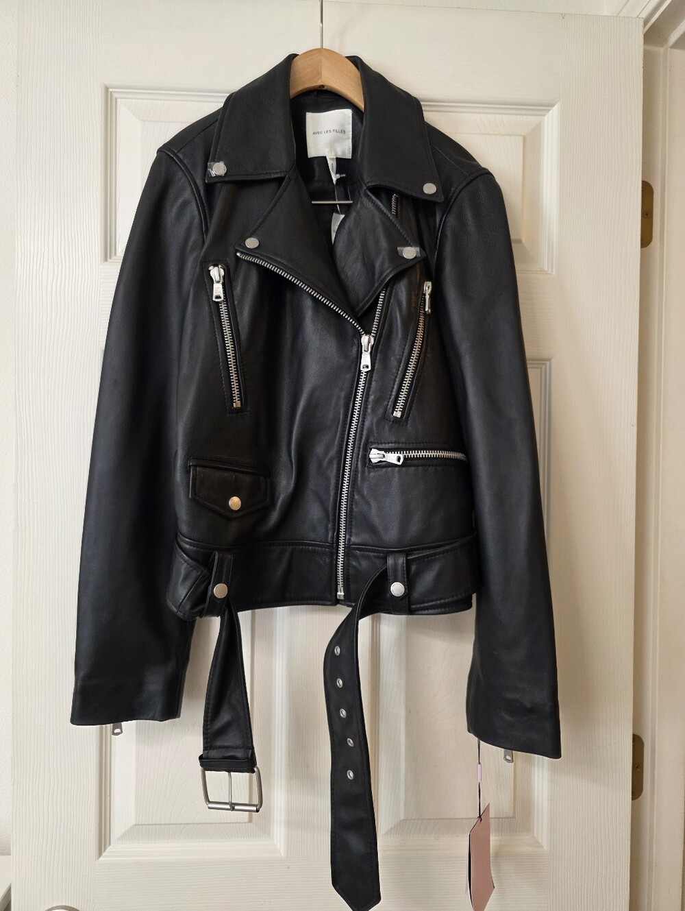 AVEC LES FILLES Black Leather Moto Jacket with Belt